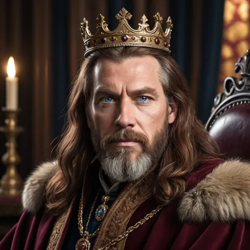 Prompt: head and shoulders middle aged king long shaggy dark extra long auburn hair extra long beard, blue eyes, throne background, burgundy coat, warm lighting, iron crown
