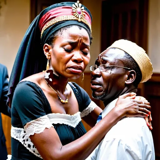 Prompt: African queen crying to her father.