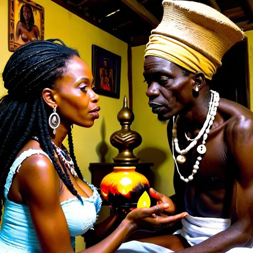 Prompt: African queen visits a sorcerer for some voodoo magic