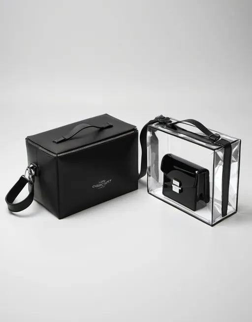 Prompt: a black bag with a clear plastic case and a black bag with a clear plastic case on the side, Christian Hilfgott Brand, crystal cubism, product photo, a hologram