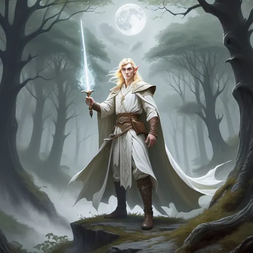 Prompt: It is a fantasy painting of a blonde, clean-shaven, elven wizard wielding a beautiful moonblade sword in one hand and a tome of spells in the other, dressed all in white and standing in a misty forest at the top of a hill.