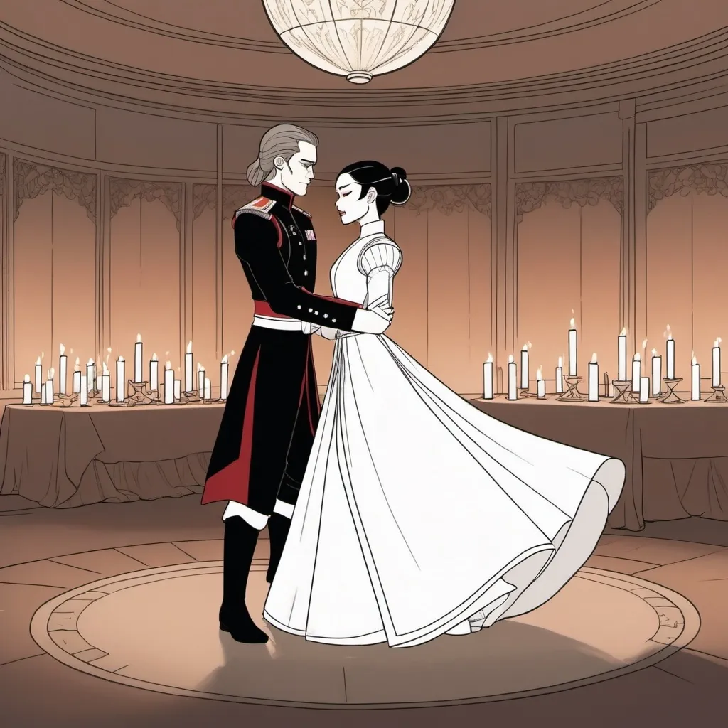 Prompt: A line drawing of princess azula dressed in a white  long sleeve ball gown dancing with her husband Anakin Skywalker dressed in a British field marshal uniform in a candle lit room 
