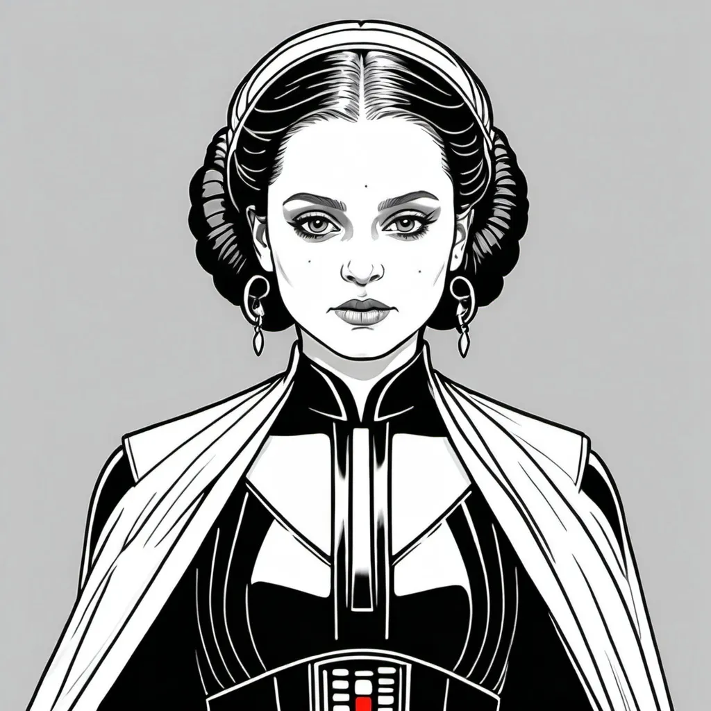 Prompt: A Coloring page of padme amedalia dressed as Darth Vader without the helmet or the mask 