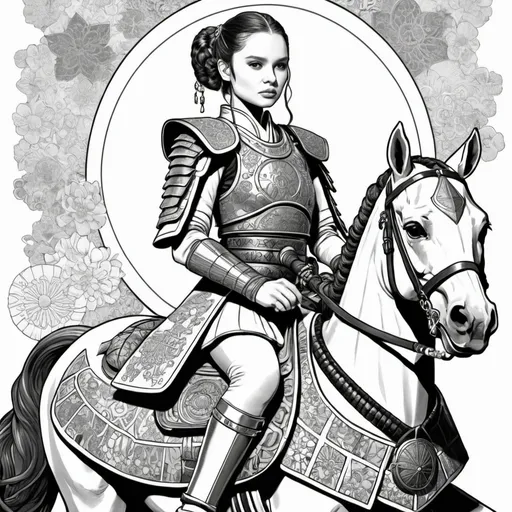 Prompt: A  black and white coloring book of padme amedalia dressed a samurai in samurai armor with gold and silver accents  on horseback 