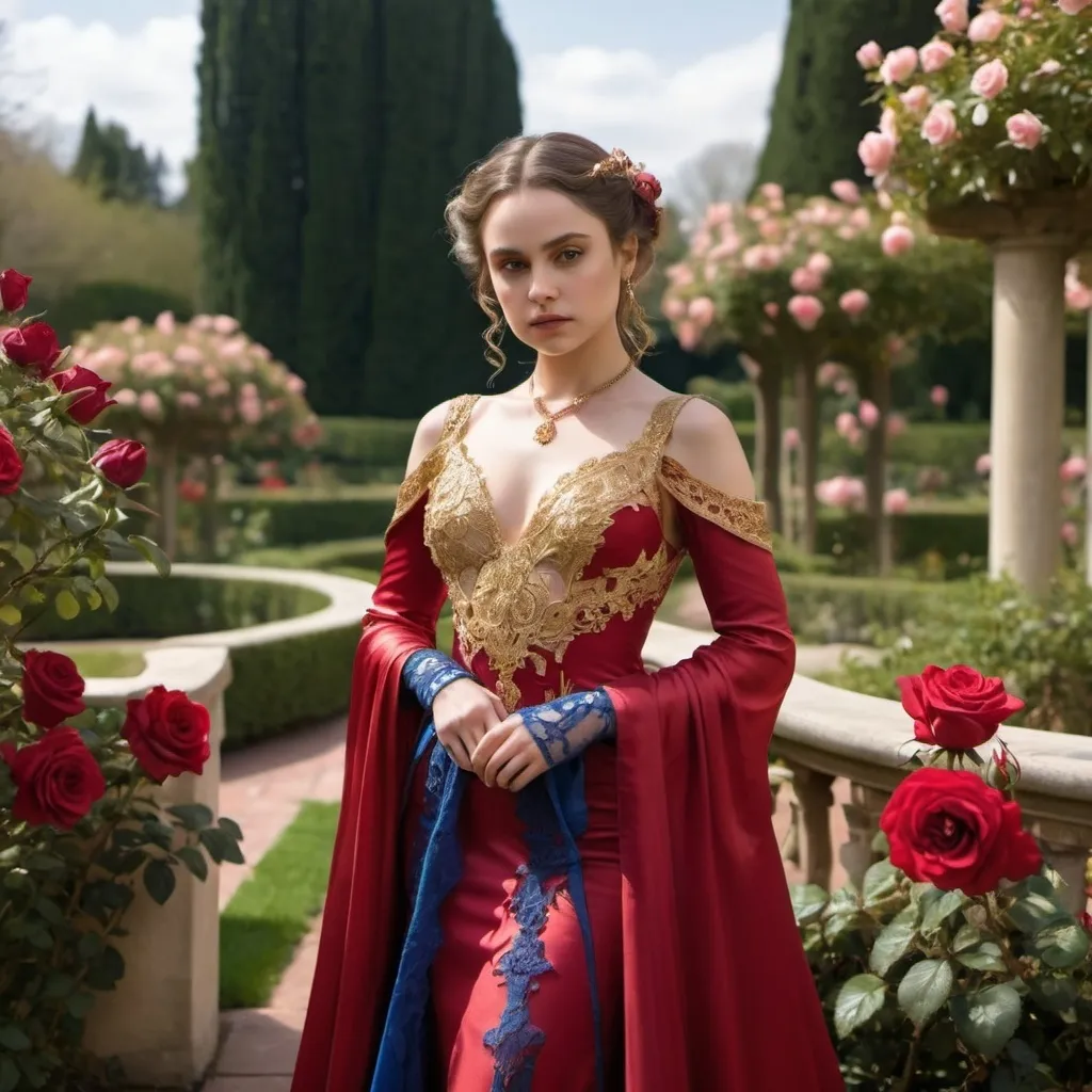 Prompt: <mymodel> padme amedalia dressed in a jeweld red silk gown with a gold and blue bodice with lace around the wrists and shoulders in a rose garden on a spring day 