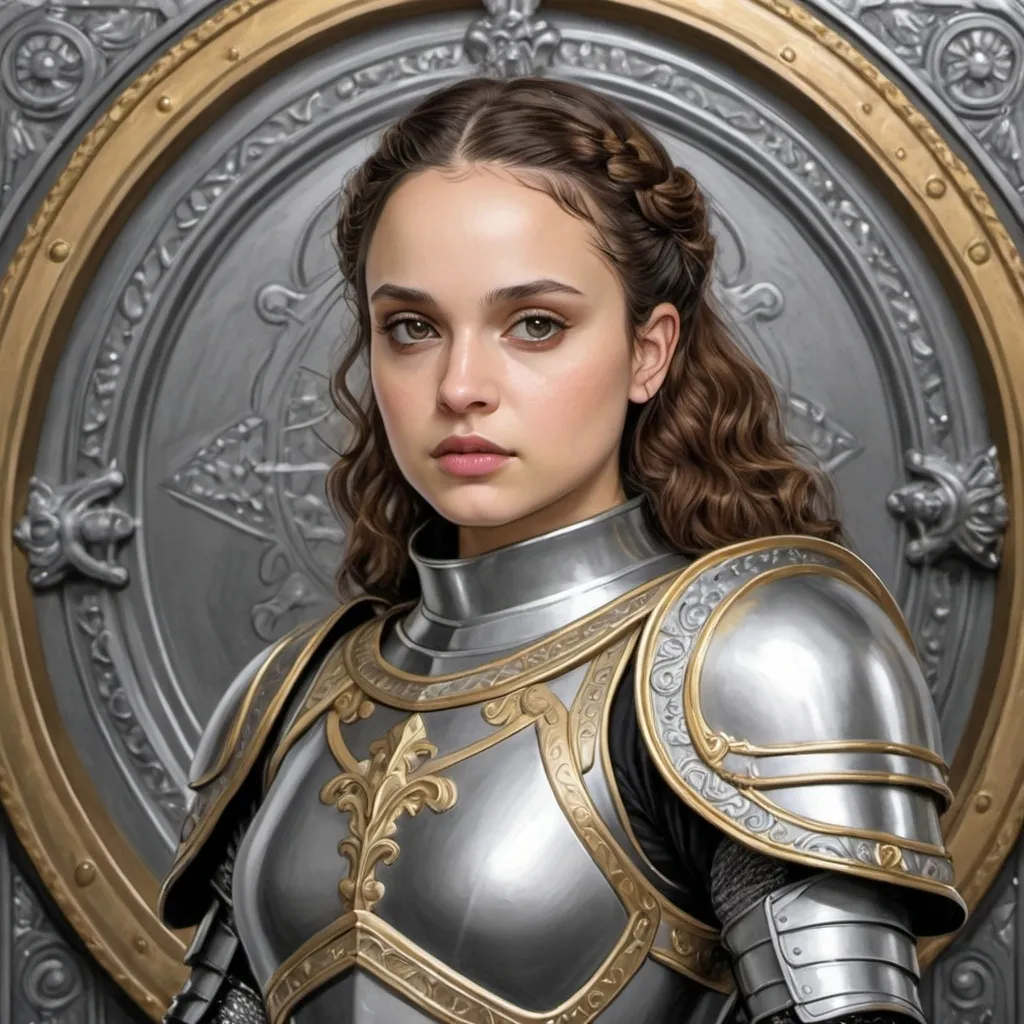 Prompt: A coloring page of padme amedalia as Joan of Arc  in grey gothic plate armor with gold and silver accents 