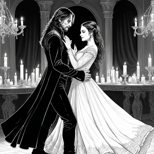 Prompt: A line drawing of Aragorn from the Lord of the rings dressed as the phantom of  Opera in a black and white costume dancing with his wife padme amedalia in a long sleeve white Victorian dress in a opulent candle lit room 