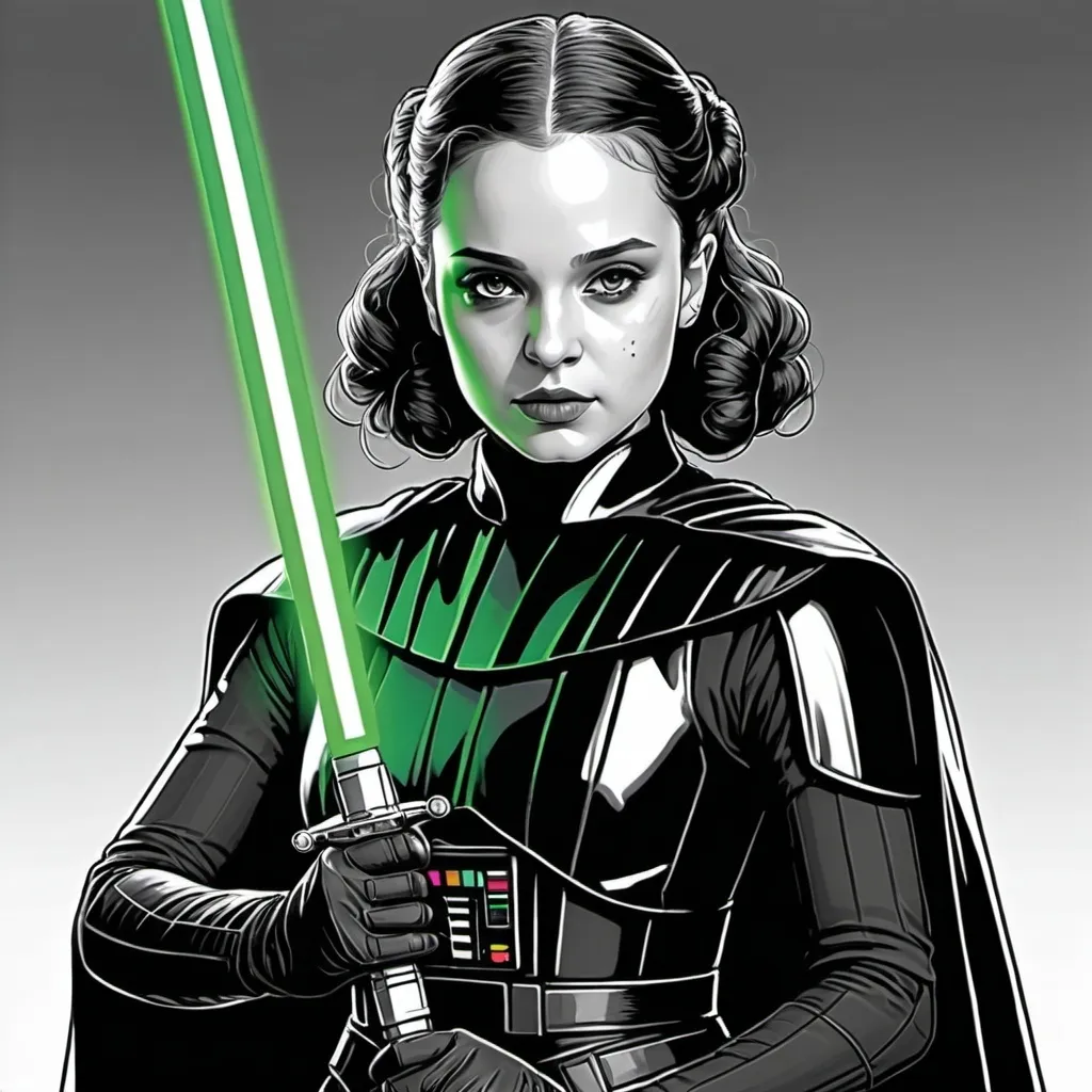 Prompt: A Coloring page of padme amedalia dressed as Darth Vader without the helmet or the mask carrying a glowing green sword wearing gloves with a scar on her face 