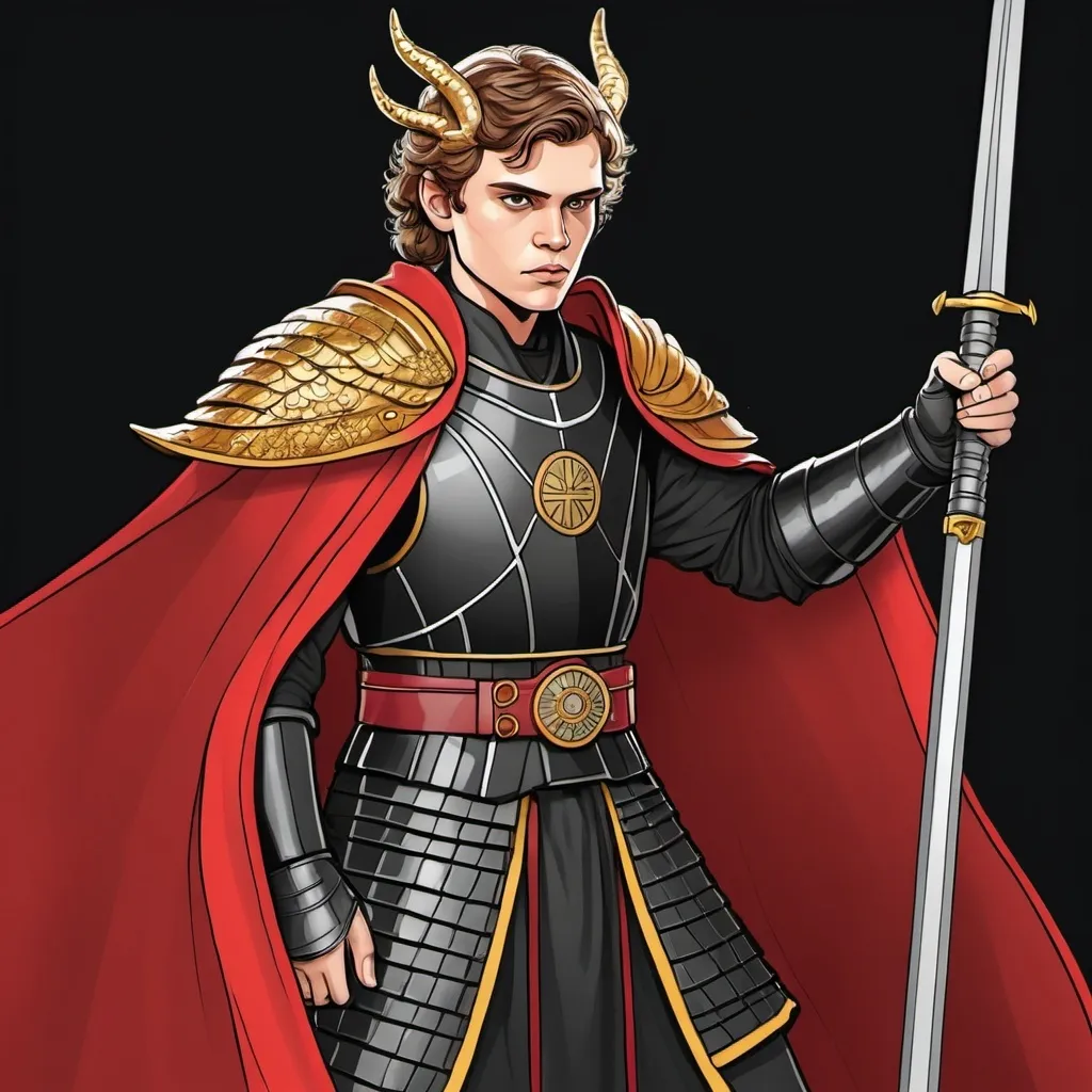 Prompt: A coloring page of Anakin Skywalker dressed in black plate armor with a gold dragon on the front with a red and gold cape carrying a spear 