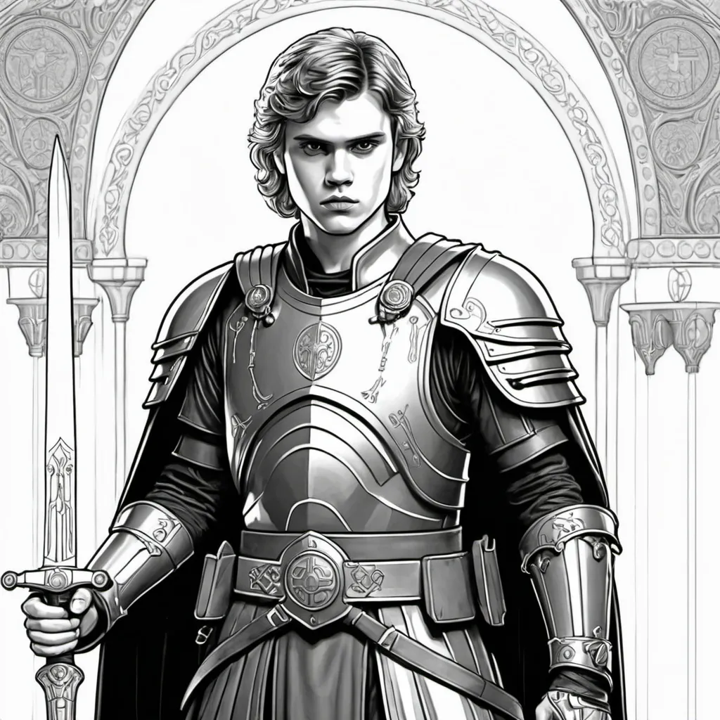 Prompt:  a black and white coloring page of Anakin Skywalker dressed in gothic plate armor with gold and silver accents with gauntlets  and pauldrons  wealding a medieval sword 