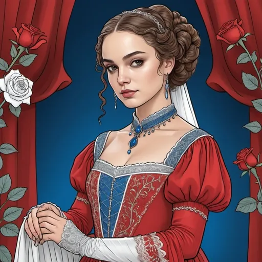 Prompt: A coloring page of padme amedalia dressed as William Shakespeares Romeo and Juliet in a red gown with lace around her neck and wrists with a blue and silver bodice  with red and white roses in the background 