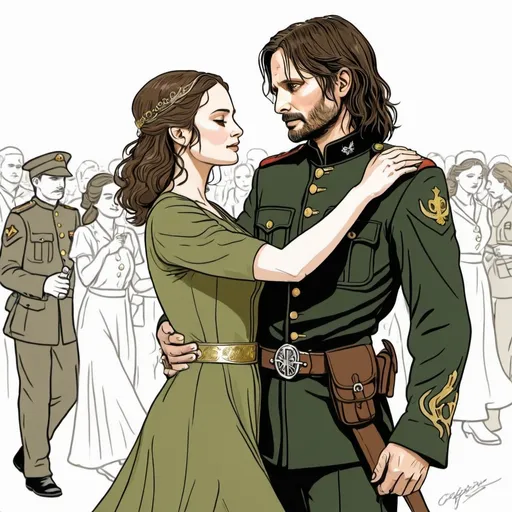 Prompt: A line drawing of Aragorn from the Lord of the rings with short trimmed hair dressed in a olive green  military officers uniform  with gold and silver accents with a holsterd pistol on his belt dancing a waltz with his wife padme amedalia dresed in a world war 1 nurses uniform 