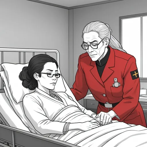 Prompt: A coloring page of a older azula with grey hair and glasses dressed in a red and black medical officer's uniform gently comforting a frightened woman in a hospital bed 