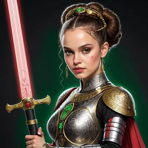 Prompt: A coloring page of padme amedalia with a cyborg body of  black and red with gold and silver accents  with a glowing  green medieval sword 