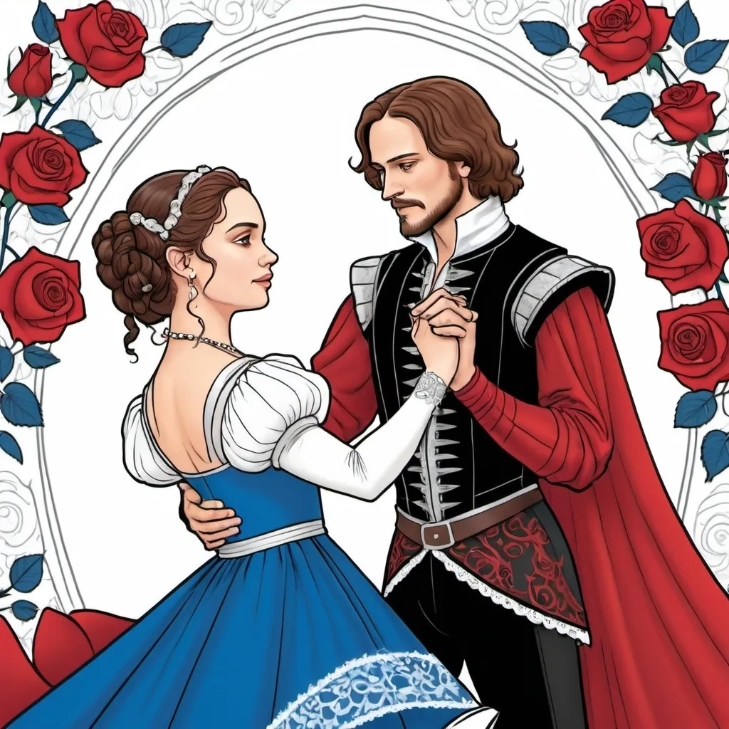 Prompt: A coloring page of padme amedalia dressed as William Shakespeares Romeo and Juliet in a red gown with lace around her neck and wrists with a blue and silver bodice  with red and white roses in the background  dancing a waltz with her husband Anakin Skywalker dressed in a red dublet and black tights with a red codpiece 