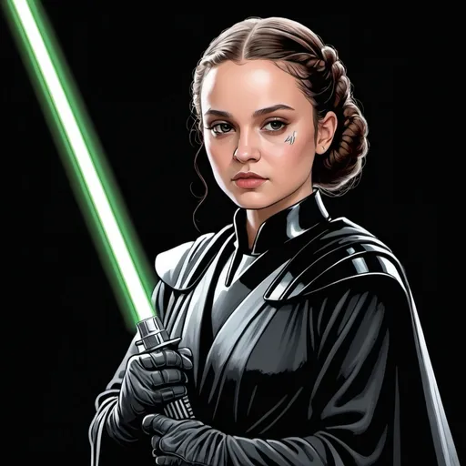 Prompt: A Coloring page of padme amedalia dressed as Darth Vader without the helmet or the mask carrying a glowing green sword wearing gloves with a scar on her face 