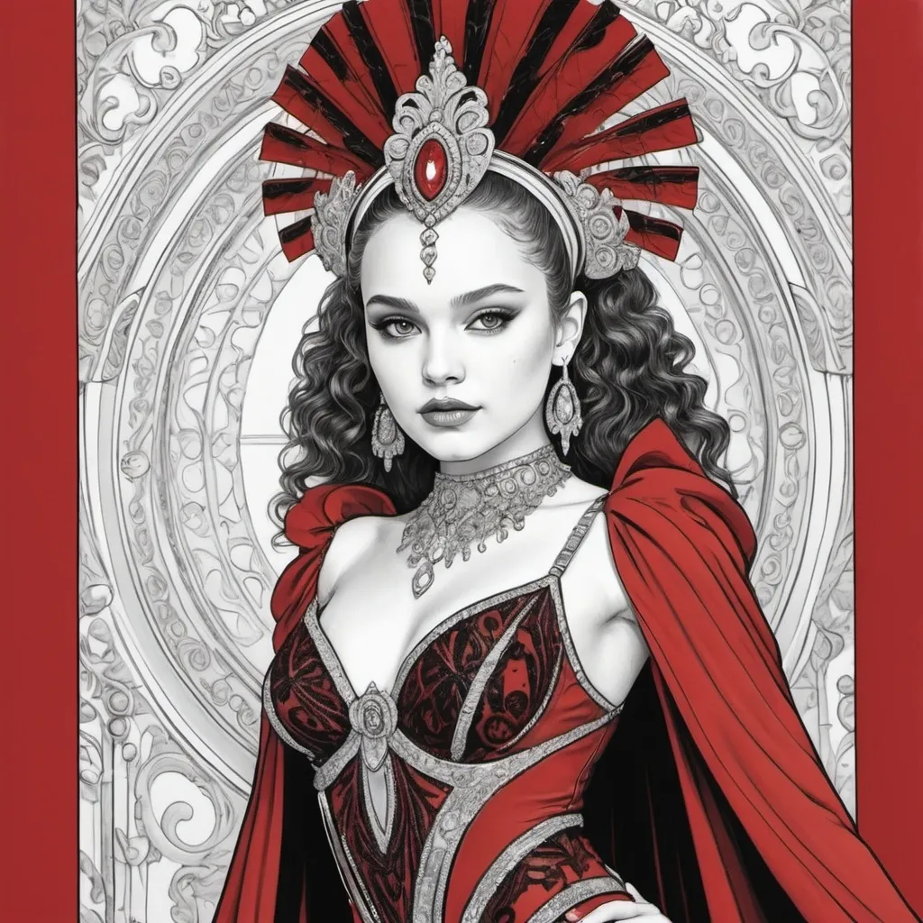 Prompt: A coloring page of padme amedalia dressed as show girl in a red and black costume with gold and silver accents without a cape at the mulon ruge in Paris France 