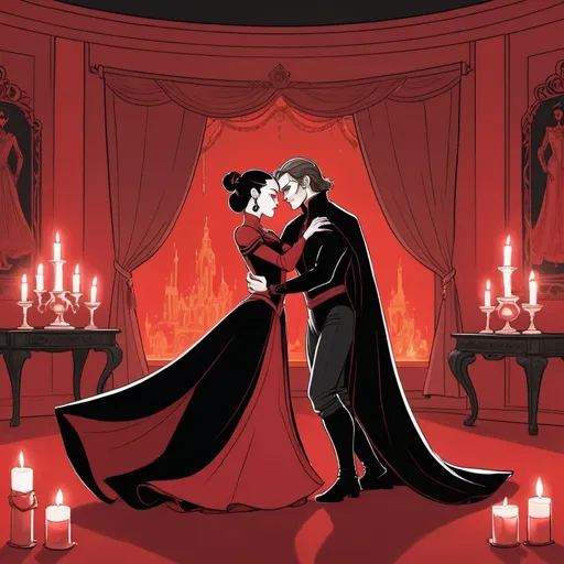 Prompt: A line drawing of princess azula dressed in a red  long sleeve ball gown dancing with her husband Anakin Skywalker dressed in a Black phantom of the Opera costume with a black cape with a red lining in a candle lit room 
