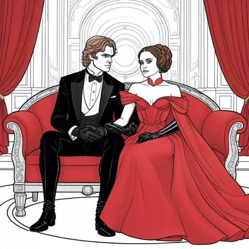 Prompt: A coloring page of padme amedalia dressed in a red ball gown with black elbow length gloves with her husband Anakin Skywalker dressed in a black tuxedo sitting on a loveseat at the opera house 
