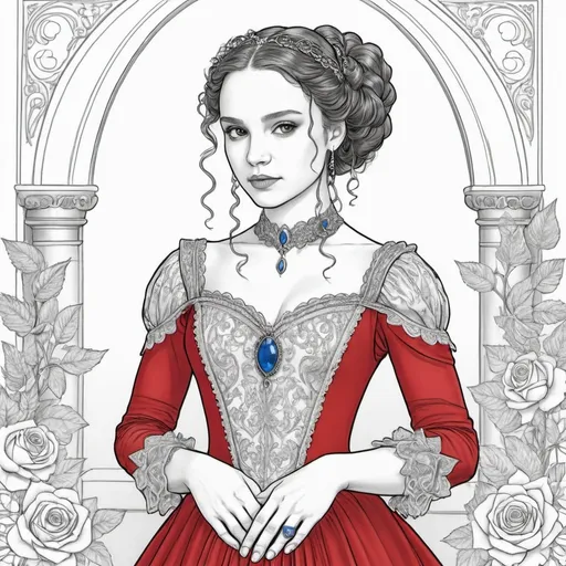 Prompt: A coloring page of padme amedalia dressed as William Shakespeares Romeo and Juliet in a red gown with lace around her neck and wrists with a blue and silver bodice 