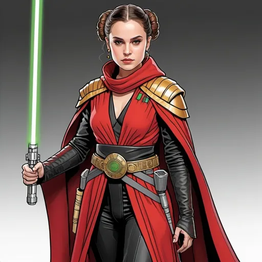 Prompt: A coloring page of padme amedalia dressed as a Jedi wearing a red and black Jedi outfit with a gold armored front with black leather boots and a red and black cape with gold accents carrying a green medieval lightsaber  on a white background 