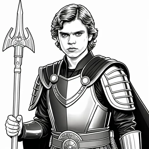 Prompt: A coloring page of Anakin Skywalker dressed in black plate armor with a gold  crest carrying a spear 