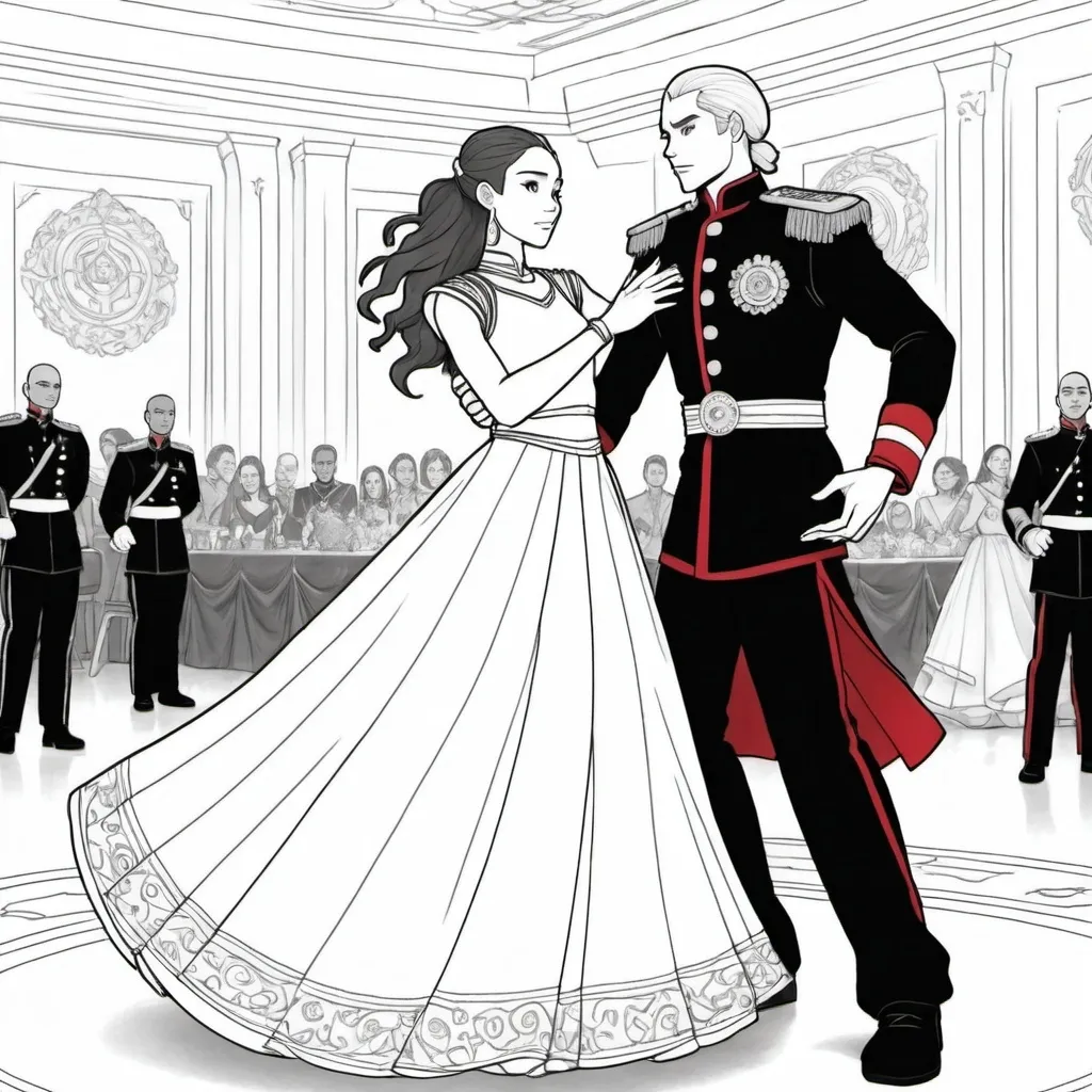 Prompt: A Coloring page of katara from avatar the last Airbender in a red and black ball gown dancing with her husband Anakin Skywalker dressed in a black and red military officer dress uniform with gold and silver accents in a ballroom 