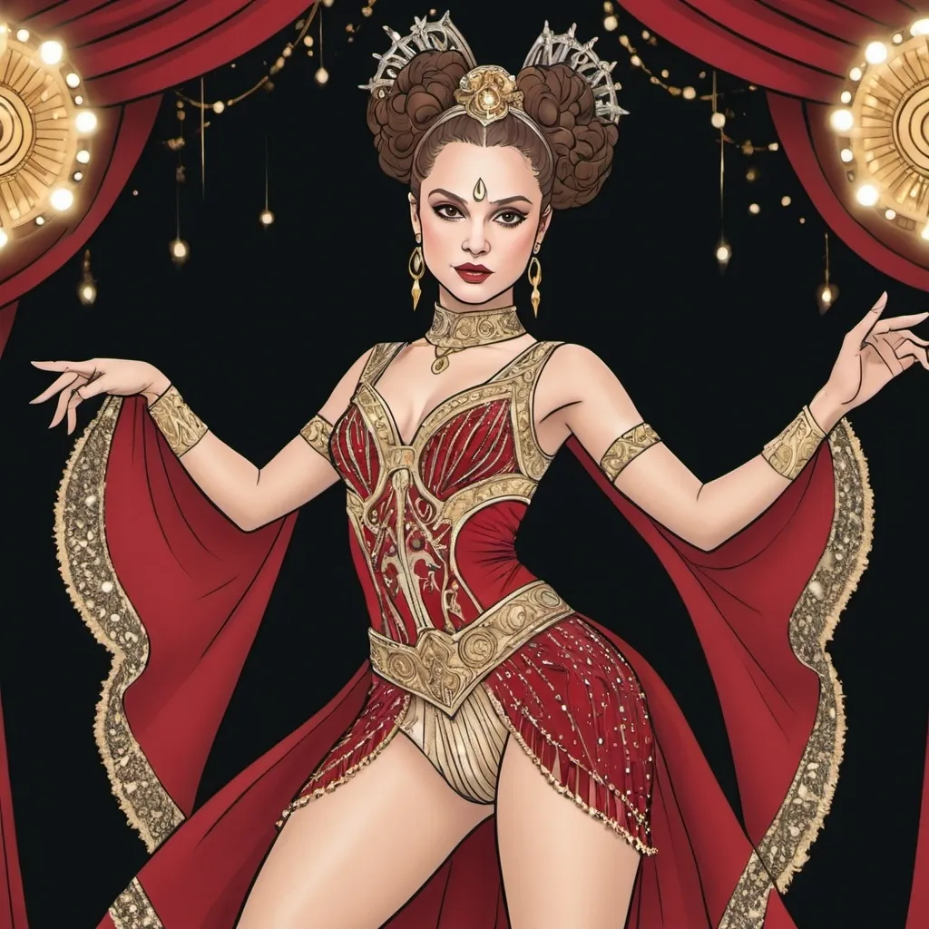 Prompt: A coloring page of padme amedala dressed as show girl a black and red with gold and silver accents On stage dancing 