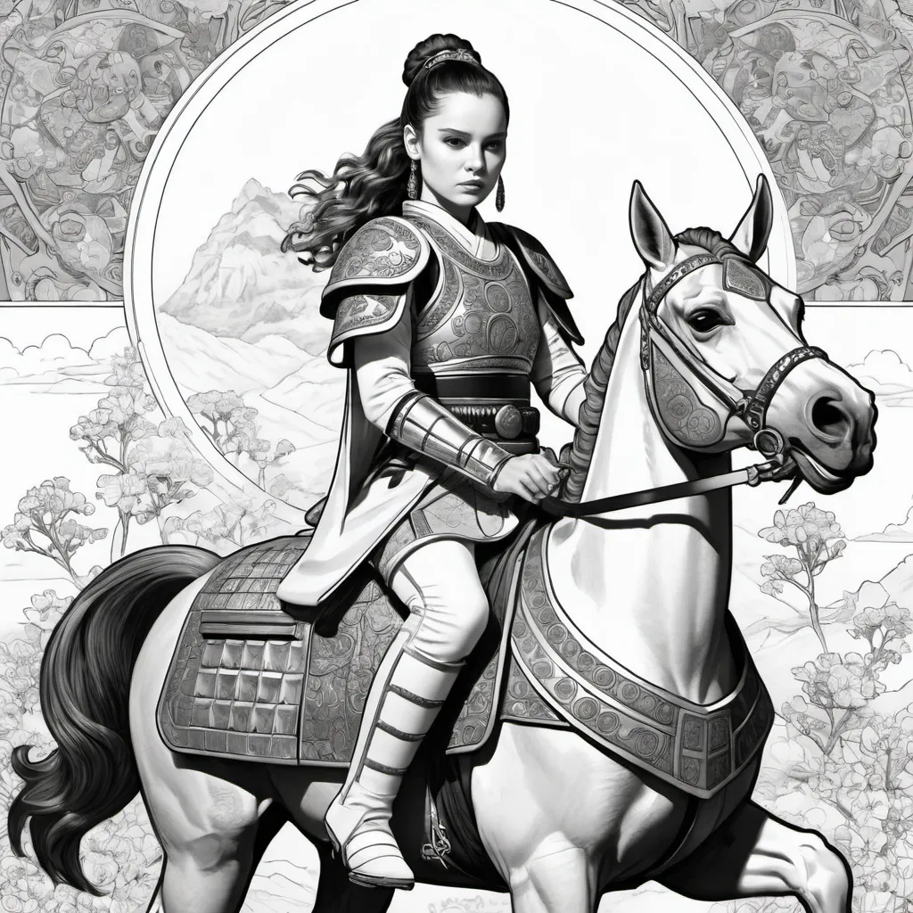 Prompt: A  black and white coloring book of padme amedalia dressed a samurai in samurai armor with gold and silver accents  on horseback 