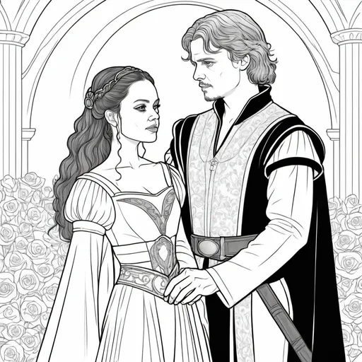 Prompt: A coloring page of padme amedalia with her husband Anakin Skywalker dressed as William Shakespeares Romeo and Juliet 