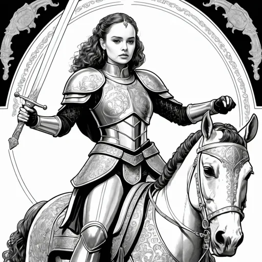 Prompt: A  black and white coloring page of padme amedalia dressed in gothic plate armor with gold and silver accents on horseback wealding a silver sword 