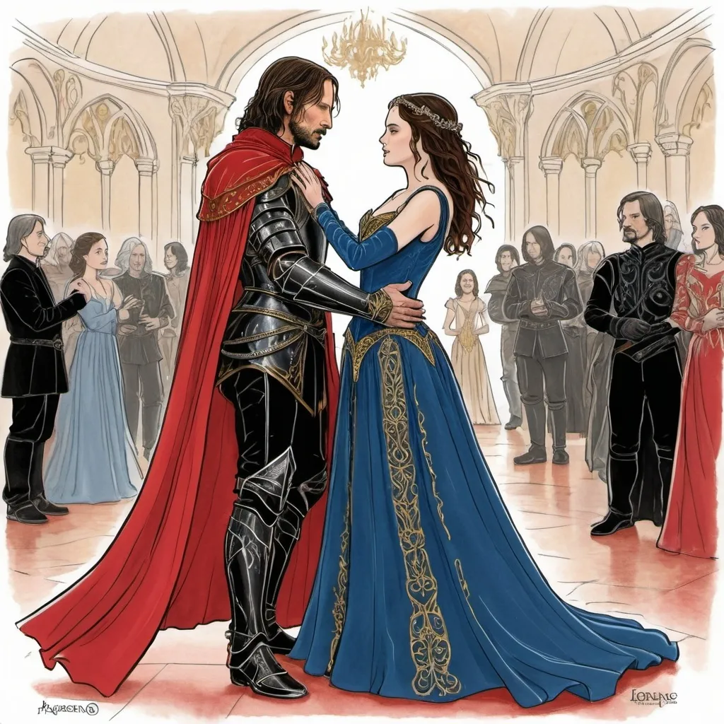 Prompt: A line drawing of Aragorn from the Lord of the rings dressed in red and black gothic plate armor with a gold armored front with silver accents with a red cape  dancing a waltz with his wife padme amedalia dressed in a blue medieval gown in a opulent ballroom 