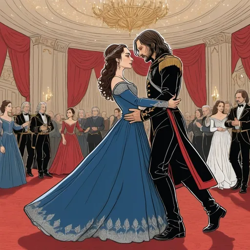 Prompt: A line drawing of Aragorn from the Lord of the rings dressed in a black and red British field marshal uniform with gold and silver accents dancing a waltz with his wife padme amedalia dressed in a blue long sleeve ball gown with a diamond necklace in a opulent ballroom 