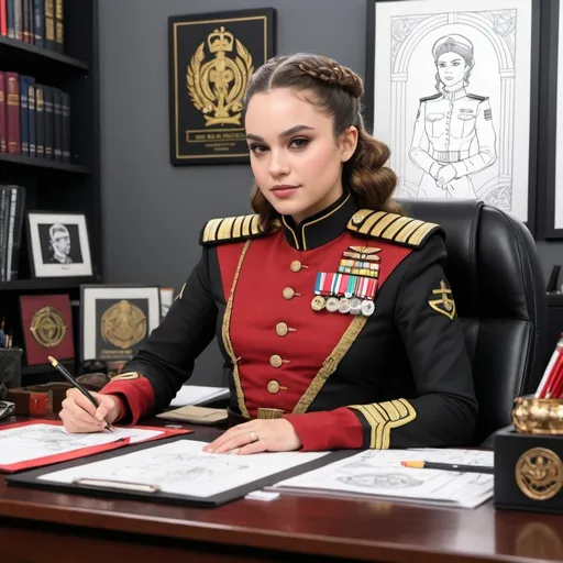 Prompt: A coloring page of padme amedalia dressed in a black And red and black British military uniform with gold and silver accents sitting behind her desk in her office 