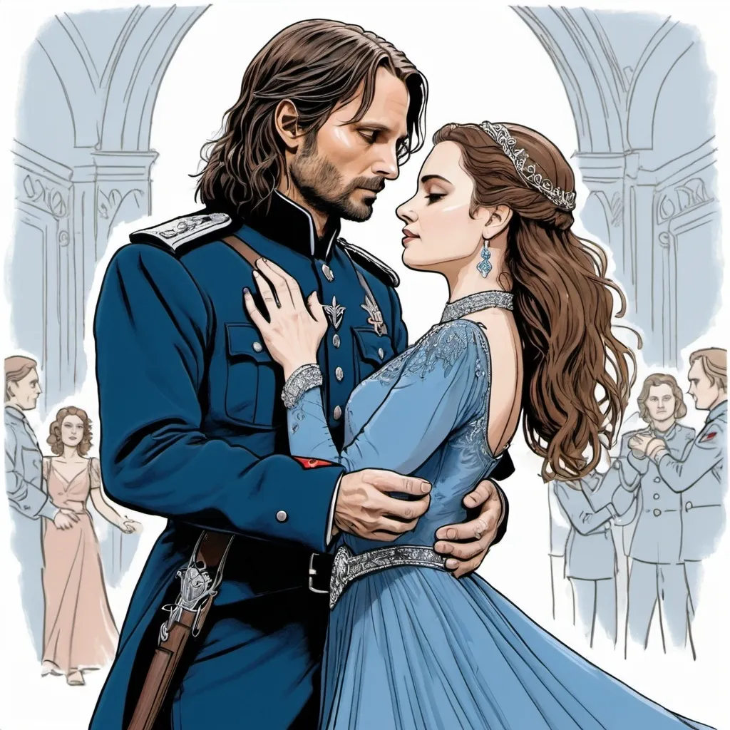 Prompt: A line drawing of Aragorn from the Lord of the rings dressed in a world war 1 officers uniform with a holsterd pistol on the belt dancing a waltz with his wife padme amedalia dressed in a blue long sleeve ball gown with a diamond necklace in a opulent ballroom 