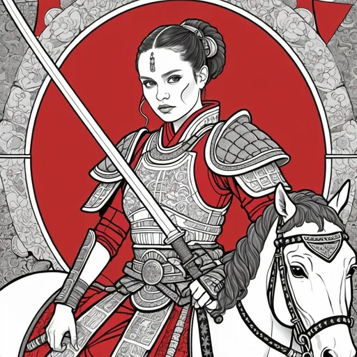 Prompt: A  black and white coloring book of padme amedalia dressed a samurai in samurai armor in red and black with gold and silver accents  on horseback 