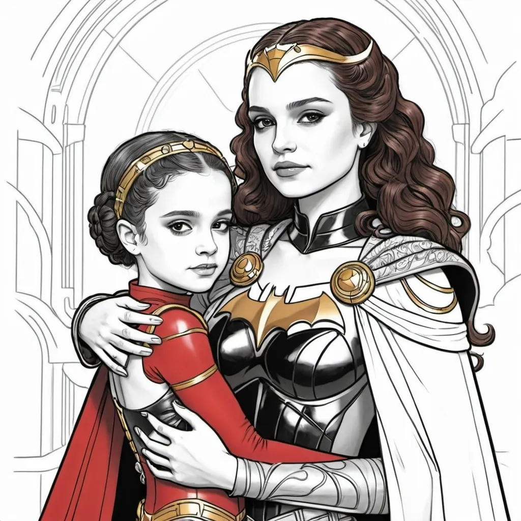 Prompt: A coloring page of padme amedalia dressed in a Red and black Batman costume with gold and silver accents hugging her daughter Leia 