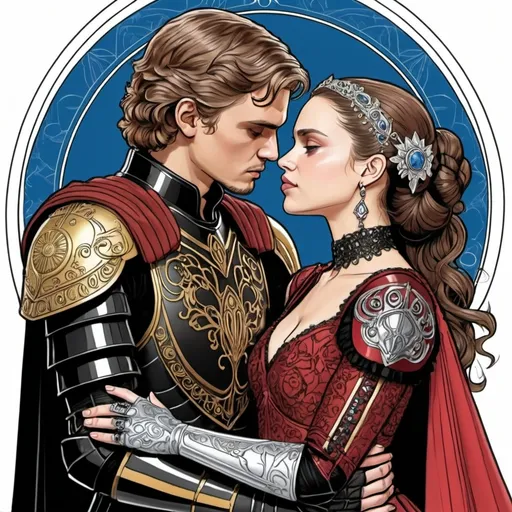 Prompt: A coloring page of Anakin Skywalker dressed in black gothic plate armor with gold and silver accents and pauldrons with gauntlets  kissing his wife padme amedalia dressed in a jeweld red gown with lace around her wrists with a jeweld blue bodice 