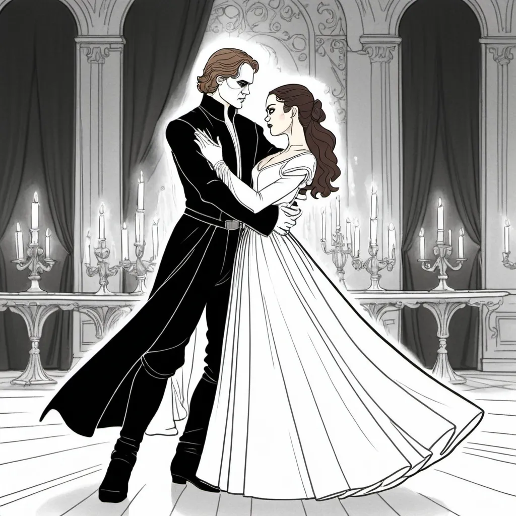 Prompt: A line drawing of Anakin Skywalker dressed as the phantom of the Opera dancing a waltz with his wife Azula dressed in a white long sleeved ball gown in a candle lit room 