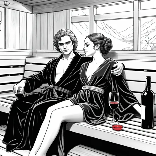 Prompt: A black and white coloring page of padme amedalia dressed in a black leotard with a red open robe reclining on a bench in the sauna with her husband Anakin Skywalker dressed in a open black and red bathrobe relaxing on a bench both drinking a glass of wine 