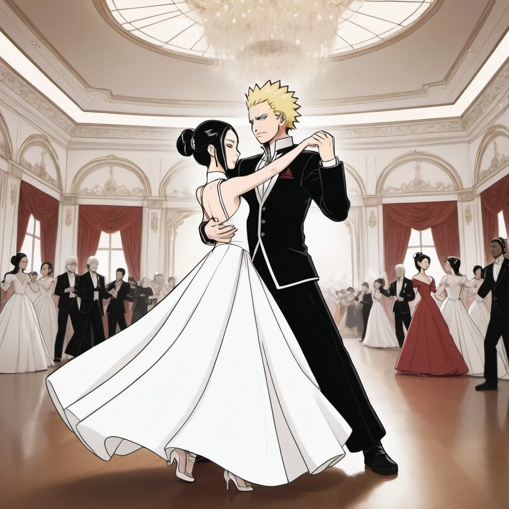 Prompt: A line drawing of Naruto uzamki in a black tuxedo dancing a waltz with his wife princess azula from avatar the last Airbender dressed in a white ball gown in a opulent ballroom 