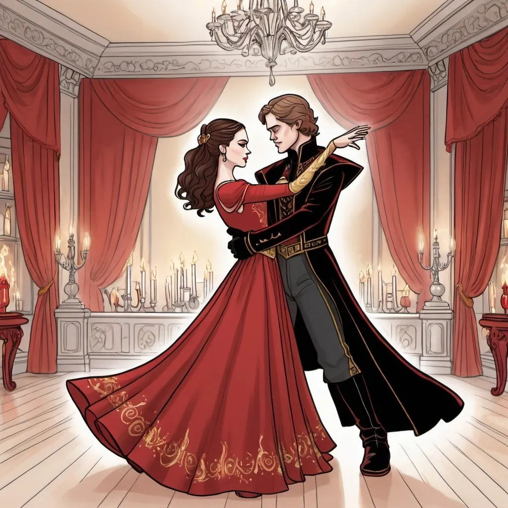 Prompt: A line drawing of Anakin Skywalker dressed as the phantom of the Opera dancing a waltz with his wife Azula dressed in a red and gold long sleeved ball gown with silver accents in a candle lit room 