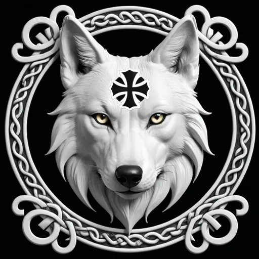 Prompt: A black and white medieval coat of arms with a wolf with white eyes and a black Celtic cross on the forehead 