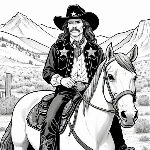 Prompt: A black and white male with long hair dressed as cowboy with a sheriff's badge on horseback in the style of a coloring book 