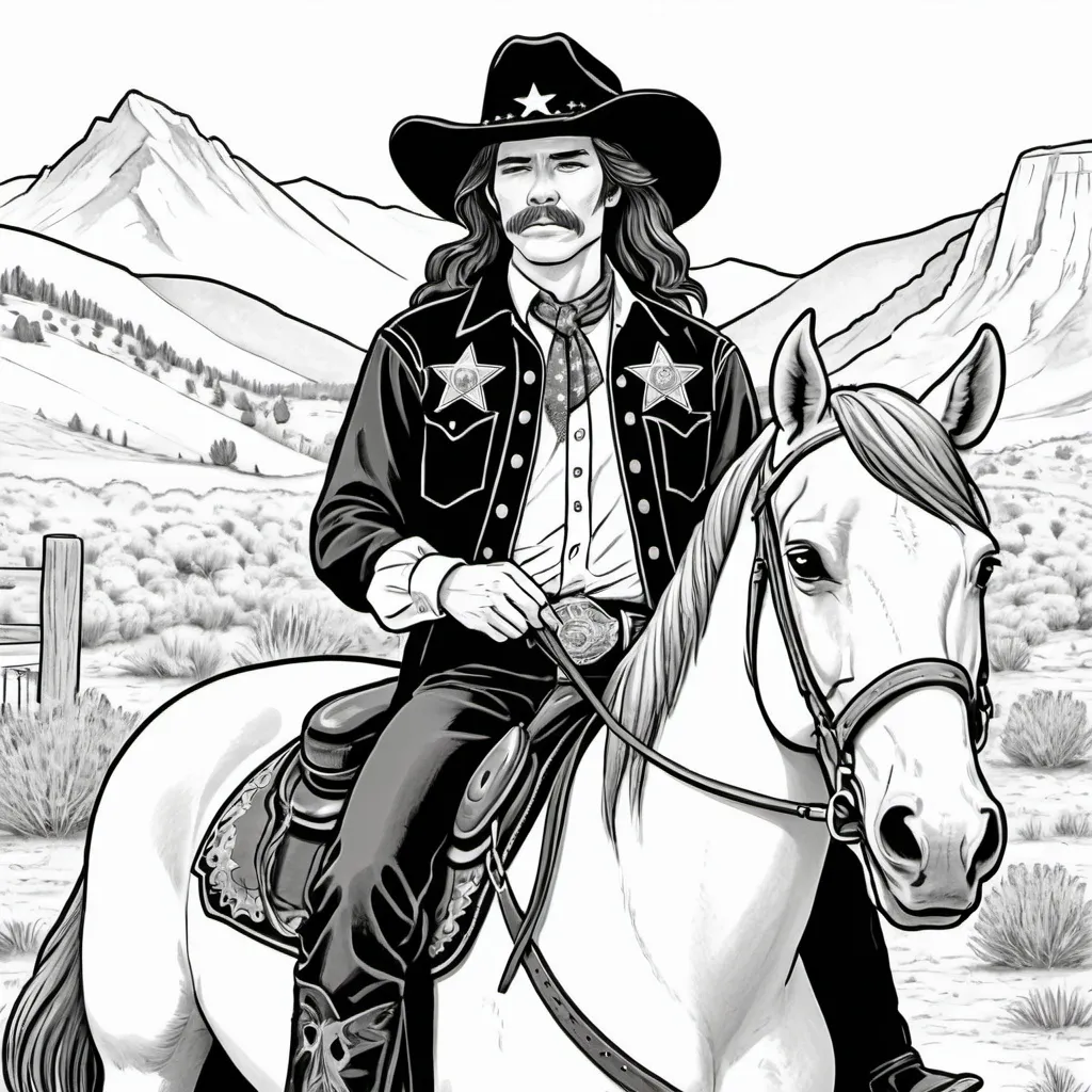 Prompt: A black and white male with long hair dressed as cowboy with a sheriff's badge on horseback in the style of a coloring book 