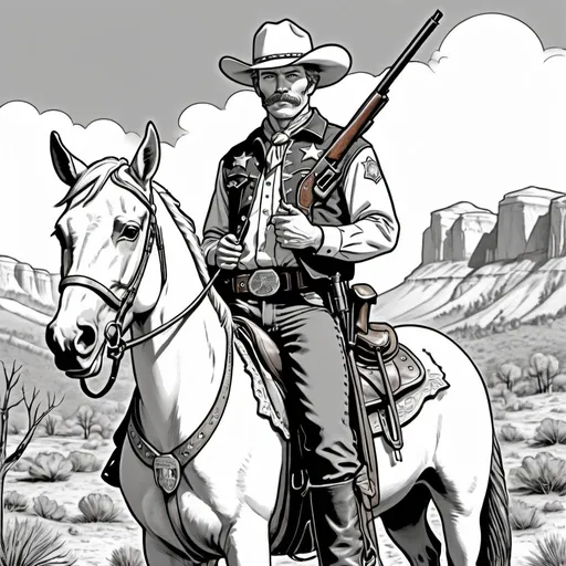 Prompt: A black and white male with dressed as cowboy with a sheriff's badge with a lever action rifle holsterd on horseback in the style of a coloring book 