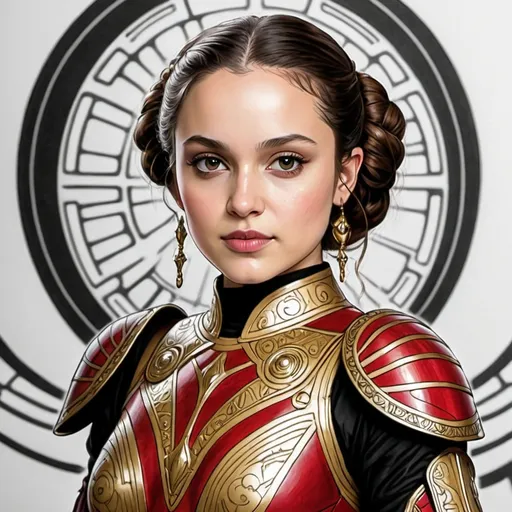 Prompt: A coloring page of padme amedalia wearing red and gold mandlorian armor with black and silver accents 