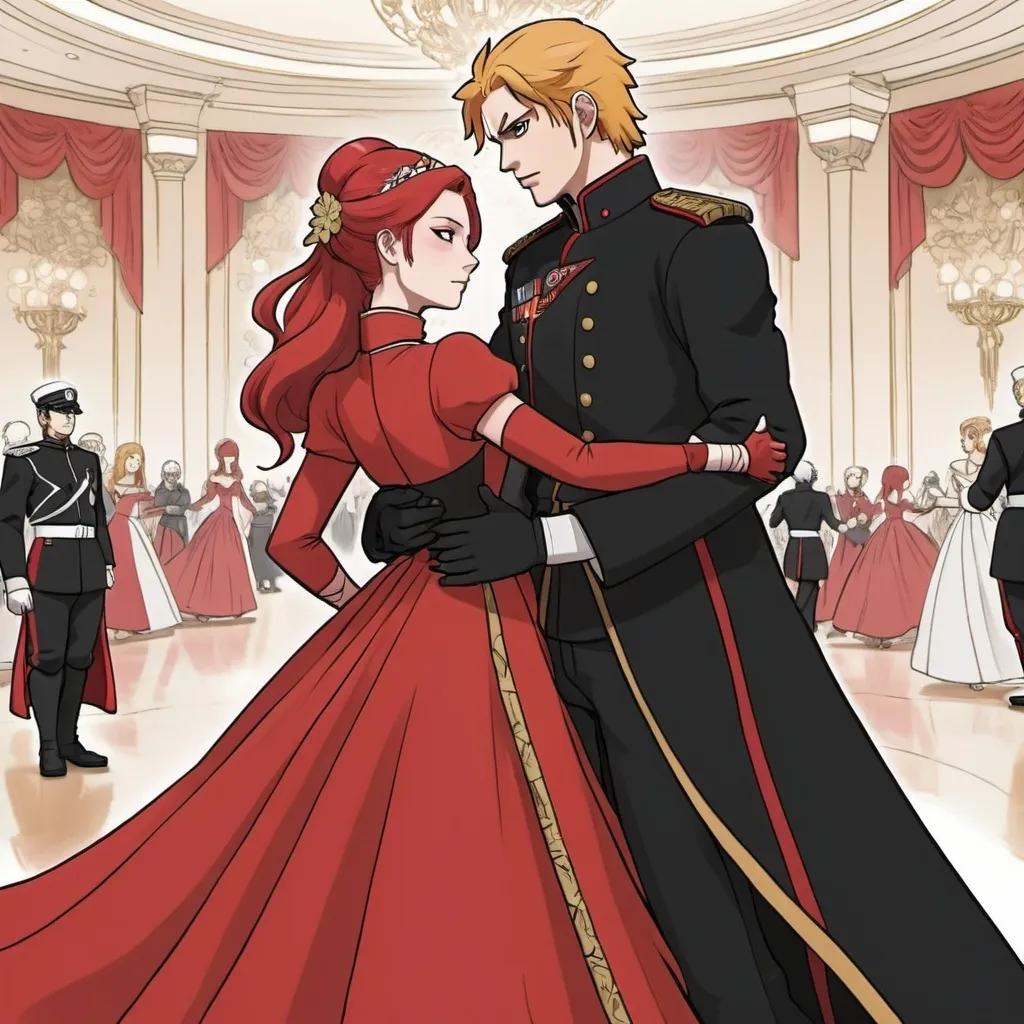 Prompt: A line drawing of Kushina Uzamki from Naruto dressed in a red ball gown dancing a waltz with her husband Anakin Skywalker dressed in a black and red British field marshal uniform with gold accents in opulent ballroom 