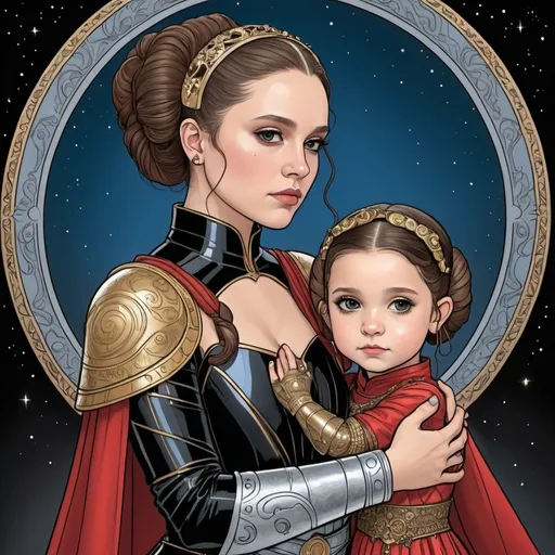 Prompt: A coloring page of padme amedalia dressed in black and red gothic plate armor with gold and silver accents hugging a young princess Leia dressed in a jeweld red silk gown with lace around her shoulders and wrists with a jeweld blue bodice 