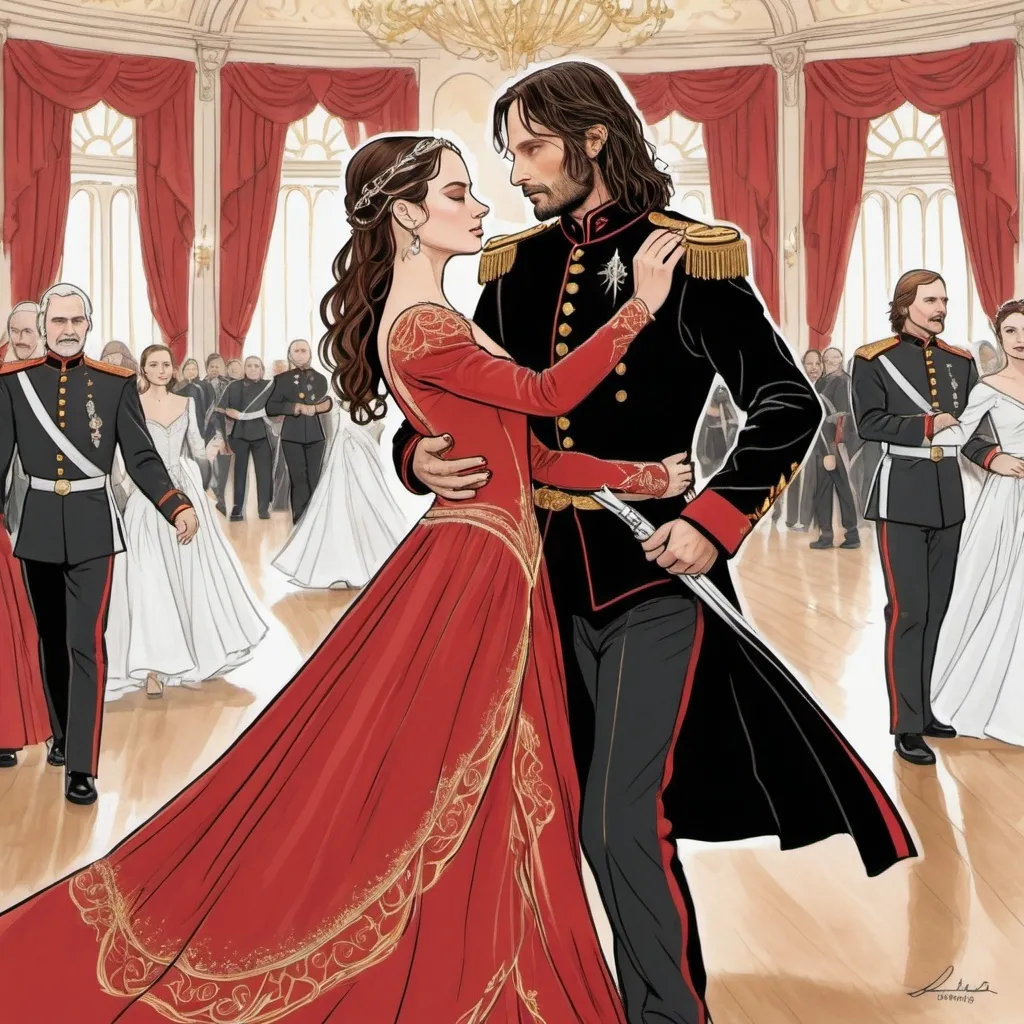 Prompt: A line drawing of Aragorn from the Lord of the rings dressed in a black and red military dress uniform  with gold and silver accents dancing a waltz with his wife padme amedalia dressed in a red long sleeve ball gown in a opulent ballroom 